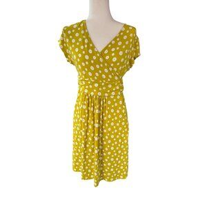 Boden Yellow Dress White Daisy Print Short Sleeve Sz 8P Jersey Faux Wrap Pockets
